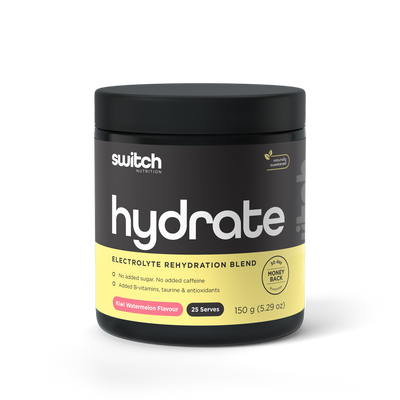 Switch Nutrition HYDRATE Electrolyte Rehydration Blend in Kiwi Watermelon Flavor, 150g container with 25 servings, displaying no added sugar or caffeine, and enriched with B-vitamins, taurine, and antioxidants, with a 60-day money-back guarantee seal.