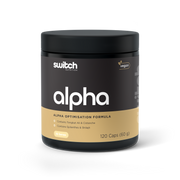 A black container of Switch Nutrition's 'alpha,' an alpha optimization formula, which is vegan. It contains Tongkat Ali & Cistanche, as well as Spilanthese & Shilajit. The label shows 30 servings and a quantity of 120 capsules weighing 60 grams.