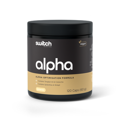 A black container of Switch Nutrition's 'alpha,' an alpha optimization formula, which is vegan. It contains Tongkat Ali & Cistanche, as well as Spilanthese & Shilajit. The label shows 30 servings and a quantity of 120 capsules weighing 60 grams.