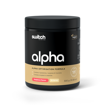 Container of Switch Nutrition's 'alpha,' an alpha optimization formula in raspberry flavor. It is vegan and contains l-glutamine, l-arginine & l-tyrosine, tongkat & cistanche. The package indicates 30 serves and is 300 grams (10.58 oz) with a '90 day money back guarantee' badge.