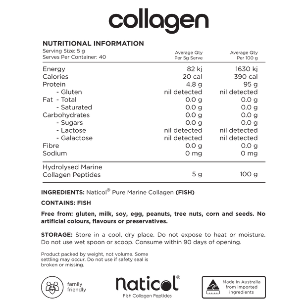 Nutritional information label for a collagen supplement product. The serving size is listed as 5 grams with 40 servings per container. Each serving provides 82.1 kJ (19.6 kcal) of energy and 4.8 grams of protein. It notes that there is nil detected gluten and it is also free from fat, carbohydrates, sugars (including lactose and galactose), fiber, and sodium. The sole ingredient is listed as Hydrolysed Marine Collagen Peptides, amounting to 5 grams per serving. 