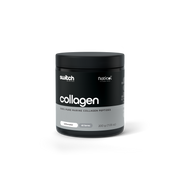 A jar of "Switch Nutrition" brand collagen supplement. The label indicates it is "100% Pure Marine Collagen Peptides," unflavored, contains 40 servings, and the net weight is 200 g (7.05 oz). The jar also features the "Naticol" branding, suggesting that it contains their type of collagen peptides. 