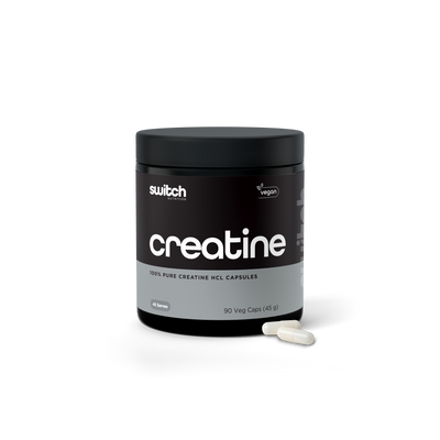 Container of Switch Nutrition Creatine, 100% pure creatine HCL capsules, 90 veg caps for 45 servings, vegan-friendly supplement.