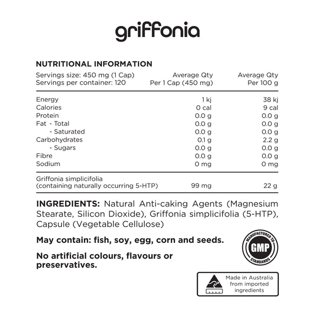Nutrition information panel for griffonia showing 120 caps from Switch Nutrition.