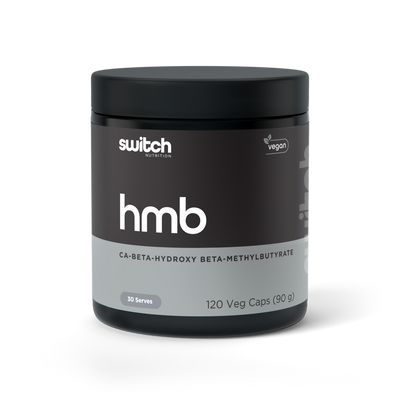 Container of Switch Nutrition HMB, vegan-friendly, containing 120 vegetable capsules (90 grams) of calcium beta-hydroxy beta-methylbutyrate, with the label prominently displaying 'hmb' in lowercase letters.