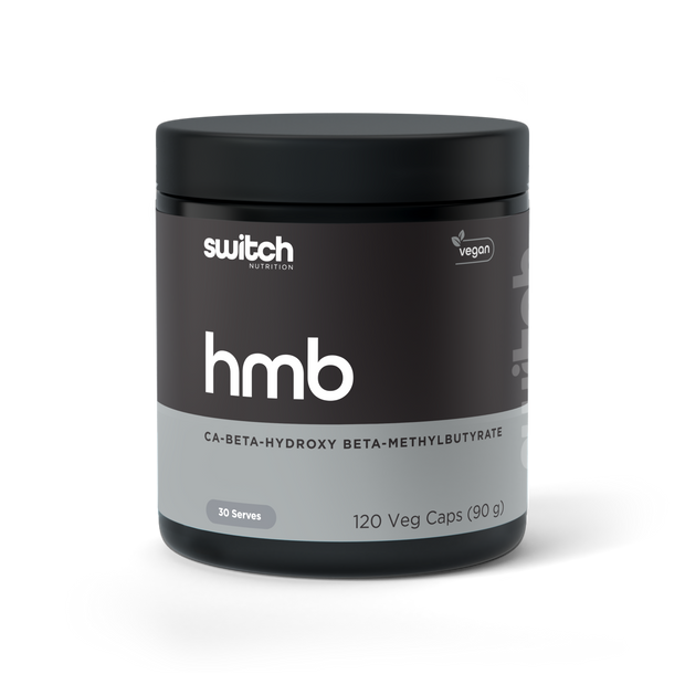Container of Switch Nutrition HMB, vegan-friendly, containing 120 vegetable capsules (90 grams) of calcium beta-hydroxy beta-methylbutyrate, with the label prominently displaying &