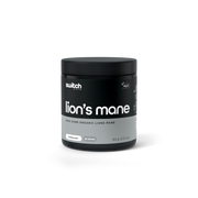 The front view of a container of Switch Nutrition Lion's Mane supplement, labeled "100% Pure Organic Lion's Mane.