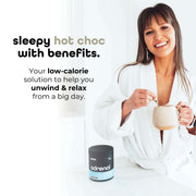 A woman in a white robe smiling, holding a mug of hot chocolate with a spoon, next to text 'sleepy hot choc with benefits' and additional text describing it as a low-calorie solution for unwinding and relaxing, with a blue jar labeled 'adrenal' on a white background.