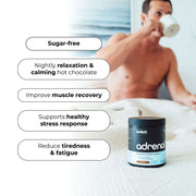 A shirtless man sitting in bed drinking from a mug, with a black jar labeled 'adrenal' in the foreground and bullet points listing benefits such as sugar-free, nightly relaxation, muscle recovery support, stress response aid, and fatigue reduction.