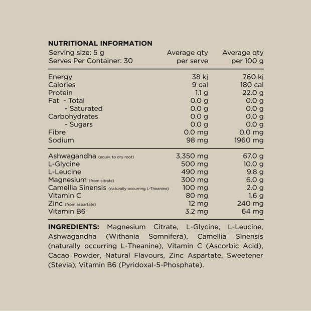 Nutrition information panel for Adrenal Switch. Containing 30 serves with mangnesium citrate, L-Glycine, L-Leucine, Ashwaganda and L-Theanine.