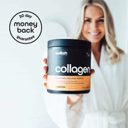 Black tub of product from switch nutrition named collagen switch, being held by a female smiling with a 30 day money back guarantee log in the top lefthand corner of the image.