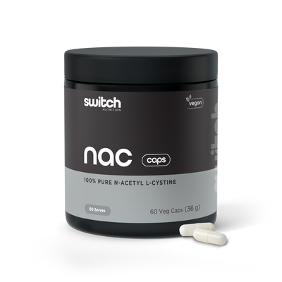 Container of Switch Nutrition NAC Caps, a 100% Pure N-Acetyl L-Cysteine supplement, with 60 vegan capsules.
