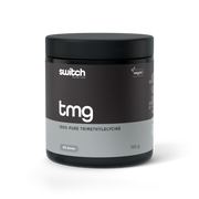 Jar of Switch Nutrition TMG, 100% pure trimethylglycine supplement, labeled vegan with 150 serves at 150 grams.