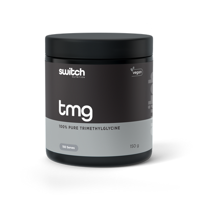 Jar of Switch Nutrition TMG, 100% pure trimethylglycine supplement, labeled vegan with 150 serves at 150 grams.