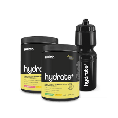 Two containers of Switch Nutrition Hydrate with a black sports water bottle, highlighting the electrolytes and carbohydrate endurance blend, in Kiwi Watermelon and Lemon Lime flavours.