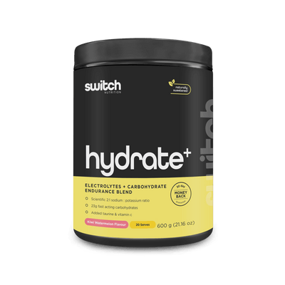 This is an image of a nutritional supplement product named "HYDRATE+" by Switch Nutrition. It's labeled as an "ELECTROLYTES + CARBOHYDRATE ENDURANCE BLEND" and specifies that it contains a scientific 2:1 sodium to potassium ratio, 23g of fast-acting carbohydrates, and added taurine and vitamin C. The flavor is Kiwi Watermelon, and the package size is 600g, which provides 20 servings. 