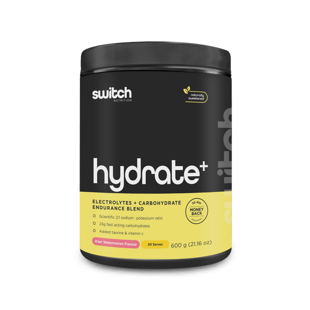 This is an image of a nutritional supplement product named "HYDRATE+" by Switch Nutrition. It&