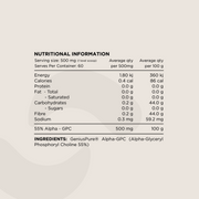 Nutritional Information panel for Alpha-GPC Powder. Displays serving size (500 mg per level scoop), macronutrient values, carbohydrate and fibre content, and ingredient details. The only ingredient listed is GeniusPure® Alpha-GPC (Alpha-Glyceryl Phosphoryl Choline 55%).