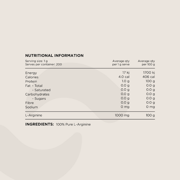 Nutritional Information panel for L-Arginine Powder. Displays serving size (1g), macronutrient values, and ingredient details. The only ingredient listed is 100% Pure L-Arginine.