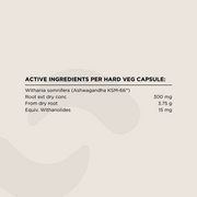 Active Ingredients panel for Ashwagandha KSM-66® Capsules. Displays active ingredient amounts per hard vegetable capsule, including Withania somnifera (Ashwagandha KSM-66®), root extract dry concentrate (300 mg), equivalent from dry root (3.75 g), and equivalent withanolides (15 mg).