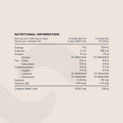 Nutritional Information panel for Organic Beef Liver Capsules. Displays serving size (1000 mg per 2 capsules), macronutrient values, gluten and lactose detection, sodium, and Vitamin B12 content. The only ingredient listed is Organic Beef Liver.