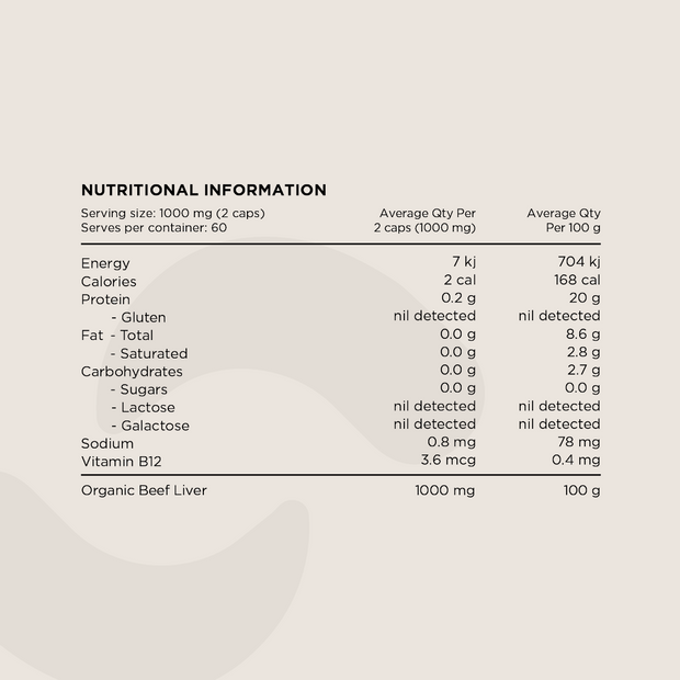 Nutritional Information panel for Organic Beef Liver Capsules. Displays serving size (1000 mg per 2 capsules), macronutrient values, gluten and lactose detection, sodium, and Vitamin B12 content. The only ingredient listed is Organic Beef Liver.