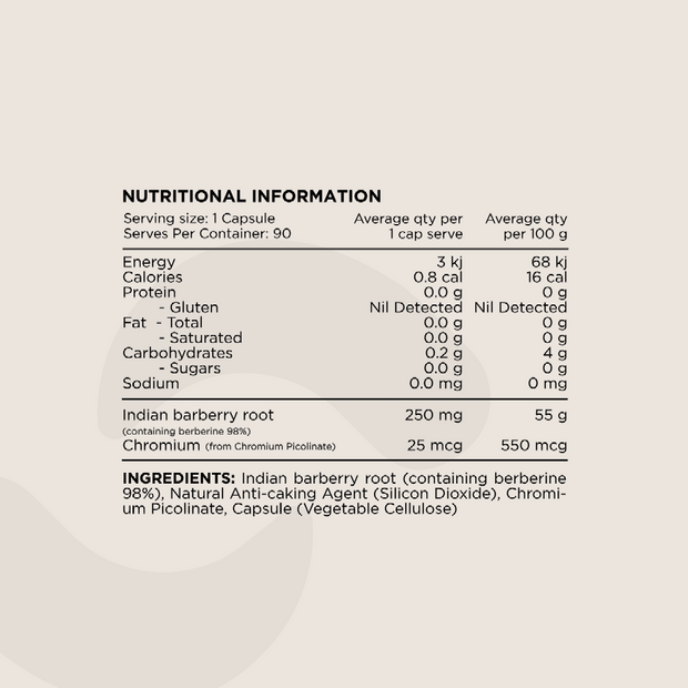 Nutritional Information panel for Berberine Capsules. Displays serving size (1 capsule), macronutrient values, gluten detection, carbohydrate content, and ingredient details. Ingredients include Indian barberry root (containing berberine 98%), natural anti-caking agent (Silicon Dioxide), Chromium Picolinate, and a vegetable cellulose capsule.