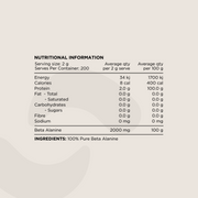 Nutritional Information panel for Beta Alanine Powder. Displays serving size (2g), macronutrient values, protein content, and ingredient details. The only ingredient listed is 100% Pure Beta Alanine.