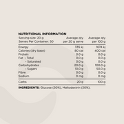 Nutritional Information panel for Carbohydrates Powder. Displays serving size (20g), macronutrient values, carbohydrate and sugar content, and ingredient details. Ingredients include Glucose (50%) and Maltodextrin (50%).