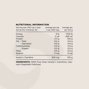 Nutritional Information panel for Acetyl L-Carnitine Capsules. Displays serving size (500 mg per capsule), macronutrient values, protein content, and ingredient details. Ingredients include 100% Pure ALCAR (Acetyl L-Carnitine) and a vegetable cellulose capsule.