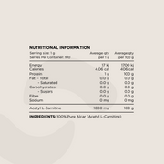 Nutritional Information panel for Acetyl L-Carnitine Powder. Displays serving size (1g), macronutrient values, protein content, and ingredient details. The only ingredient listed is 100% Pure ALCAR (Acetyl L-Carnitine).