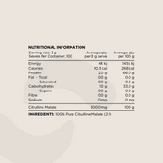 Nutritional Information panel for Citrulline Malate Powder. Displays serving size (3g), macronutrient values, protein and carbohydrate content, and ingredient details. The only ingredient listed is 100% Pure Citrulline Malate (2:1).