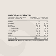 Nutritional Information panel for Creatine HCL Capsules. Displays serving size (1000 mg per 2 capsules), macronutrient values, and ingredient details. Ingredients include 100% Pure Creatine HCL and a vegetable cellulose capsule.