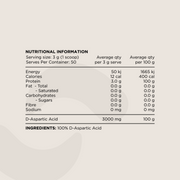 Nutritional Information panel for D-Aspartic Acid Powder. Displays serving size (3g per scoop), macronutrient values, protein content, and ingredient details. The only ingredient listed is 100% D-Aspartic Acid.