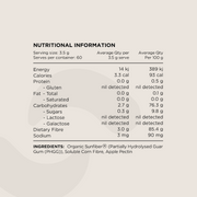 Nutritional Information panel for Fibre+ Powder. Displays serving size (3.5g), macronutrient values, dietary fibre content, and ingredient details. Ingredients include Organic Sunfiber® (Partially Hydrolysed Guar Gum (PHGG)), Soluble Corn Fibre, and Apple Pectin.