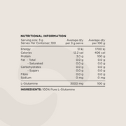 Nutritional Information panel for L-Glutamine Powder. Displays serving size (3g), macronutrient values, protein content, and ingredient details. The only ingredient listed is 100% Pure L-Glutamine.