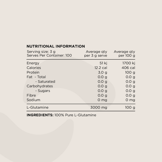 Nutritional Information panel for L-Glutamine Powder. Displays serving size (3g), macronutrient values, protein content, and ingredient details. The only ingredient listed is 100% Pure L-Glutamine.