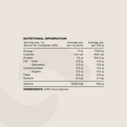 Nutritional Information panel for Glycine Powder. Displays serving size (1g), macronutrient values, protein content, and ingredient details. The only ingredient listed is 100% Pure Glycine.