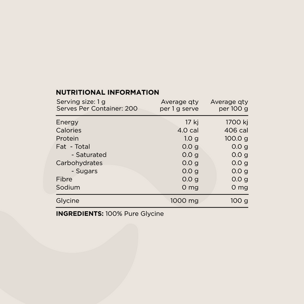 Nutritional Information panel for Glycine Powder. Displays serving size (1g), macronutrient values, protein content, and ingredient details. The only ingredient listed is 100% Pure Glycine.