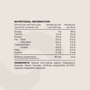 Nutritional Information panel for Griffonia simplicifolia (5-HTP) Capsules. Displays serving size (450 mg per capsule), macronutrient values, and ingredient details. Ingredients include natural anti-caking agents (Magnesium Stearate, Silicon Dioxide), Griffonia simplicifolia (5-HTP), and a vegetable cellulose capsule.