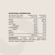 Nutritional Information panel for Ca-HMB (Calcium Beta-Hydroxy Beta-Methylbutyrate) Capsules. Displays serving size (3g per 5 capsules), macronutrient values, protein content, and ingredient details. Ingredients include Ca-HMB (Calcium Beta-Hydroxy Beta-Methylbutyrate), natural anti-caking agent (Silicon Dioxide), and a vegetable cellulose capsule.