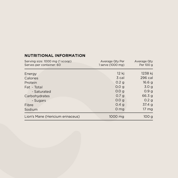 Nutritional Information panel for Lion’s Mane Powder. Displays serving size (1000 mg per scoop), macronutrient values, carbohydrate, fibre, and protein content, and ingredient details. The only ingredient listed is Lion’s Mane (Hericium erinaceus).