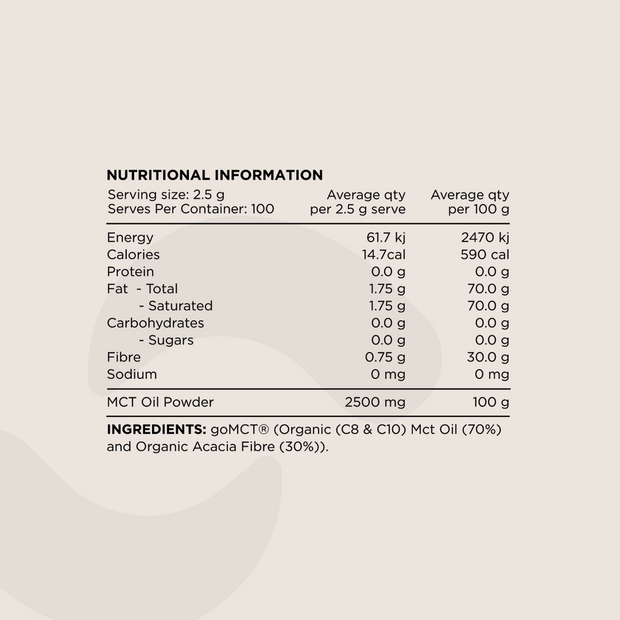 Nutritional Information panel for MCT Oil Powder. Displays serving size (2.5g), macronutrient values, fat and fibre content, and ingredient details. Ingredients include goMCT® (Organic C8 & C10 MCT Oil 70%) and Organic Acacia Fibre (30%).