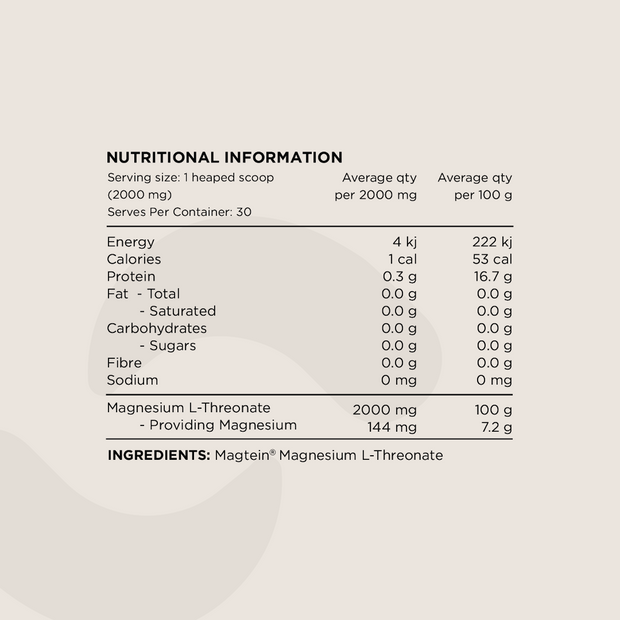 Nutritional Information panel for Magnesium L-Threonate Powder. Displays serving size (2000 mg), macronutrient values, magnesium content, and ingredient details. The only ingredient listed is Magtein® Magnesium L-Threonate.