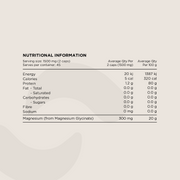 Nutritional Information panel for Magnesium Glycinate Capsules. Displays serving size (1500 mg per 2 capsules), macronutrient values, protein content, and magnesium content. The main ingredient is Magnesium from Magnesium Glycinate (300 mg per serving).