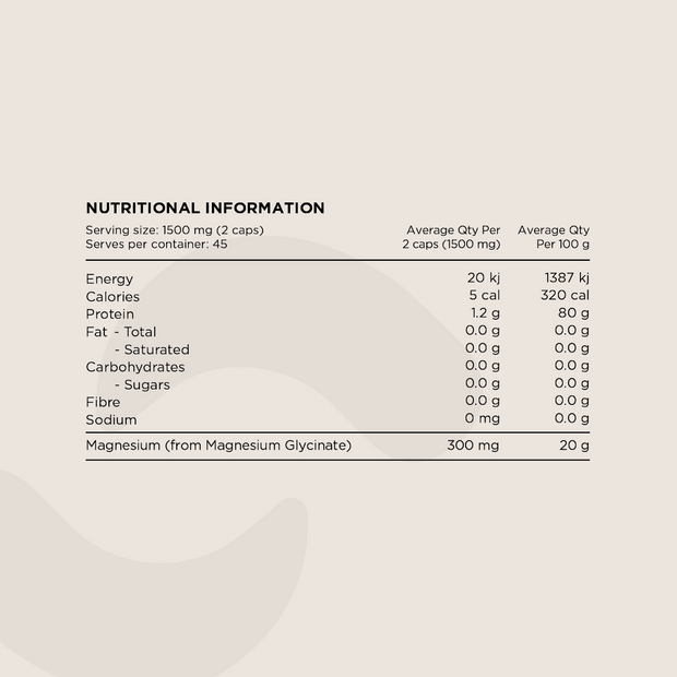 Nutritional Information panel for Magnesium Glycinate Capsules. Displays serving size (1500 mg per 2 capsules), macronutrient values, protein content, and magnesium content. The main ingredient is Magnesium from Magnesium Glycinate (300 mg per serving).