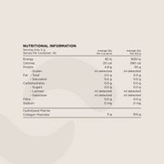 Nutritional Information panel for Hydrolysed Marine Collagen Peptides Powder. Displays serving size (5g), macronutrient values, protein content, and allergen detection for gluten, lactose, and galactose. The only ingredient listed is Hydrolysed Marine Collagen Peptides.