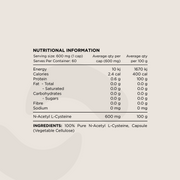 Nutritional Information panel for N-Acetyl L-Cysteine (NAC) Capsules. Displays serving size (600 mg per capsule), macronutrient values, protein content, and ingredient details. Ingredients include 100% Pure N-Acetyl L-Cysteine and a vegetable cellulose capsule.