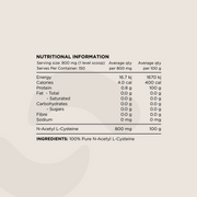 Nutritional Information panel for N-Acetyl L-Cysteine (NAC) Powder. Displays serving size (800 mg per level scoop), macronutrient values, protein content, and ingredient details. The only ingredient listed is 100% Pure N-Acetyl L-Cysteine.