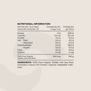 Nutritional Information panel for Organic Golden Irish Sea Moss Capsules. Displays serving size (1g per 2 capsules), macronutrient values, carbohydrate content, and ingredient details. The only ingredient listed is 100% Pure Organic Golden Irish Sea Moss (Chondrus crispus) 10:1 Extract in a vegetable cellulose capsule.